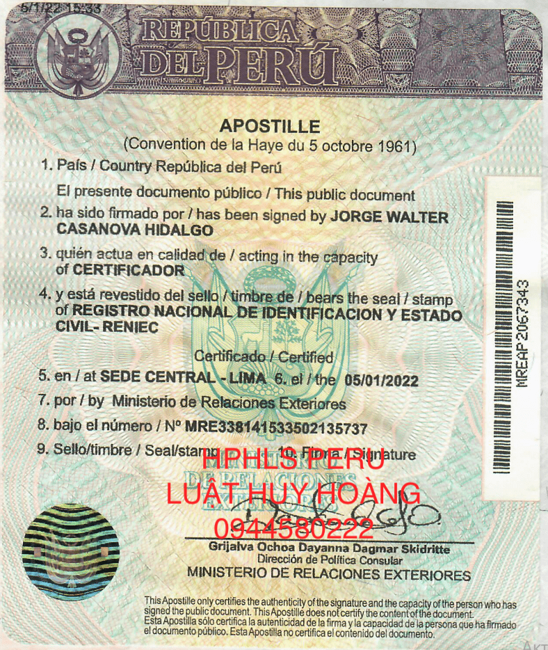 DỊCH VỤ HỢP PHÁP HOÁ LÃNH SỰ PERU